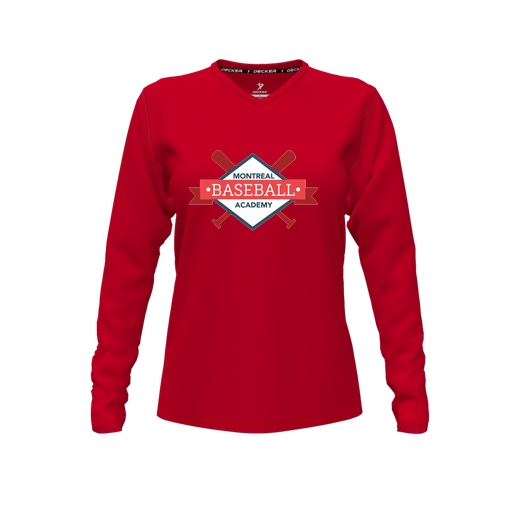 [CUS-DFW-TEES-PER-VNK-LSL-RED-FYXS-LOGO1] Decker Performance T-Shirt (Female Youth XS, Red, V Neck, Logo 1, Long Sleeve)